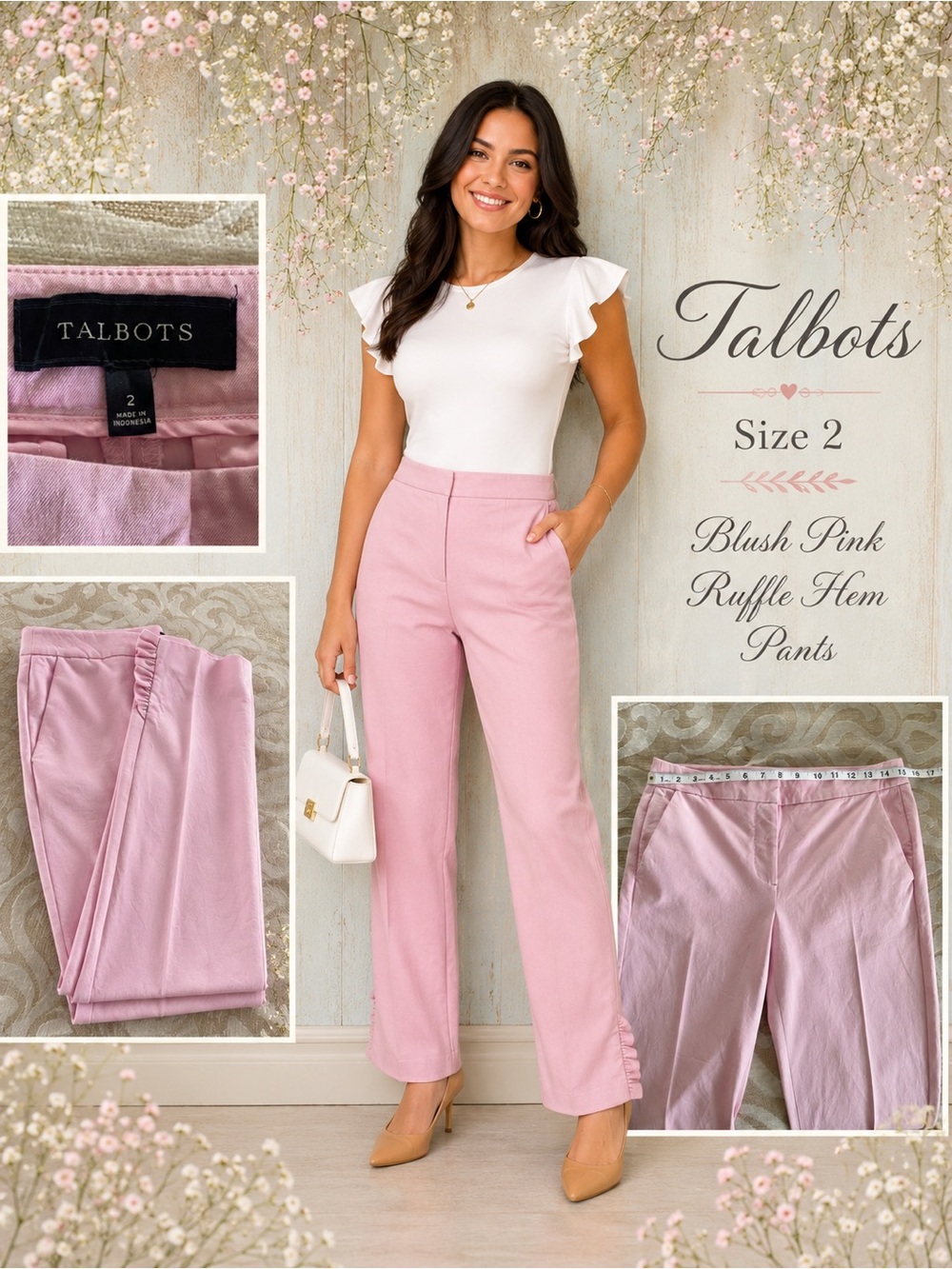 Talbots Blush Pink Ruffle Hem Ankle Pants Size 2 Stretch Cotton Career Casual - Picture 2 of 10